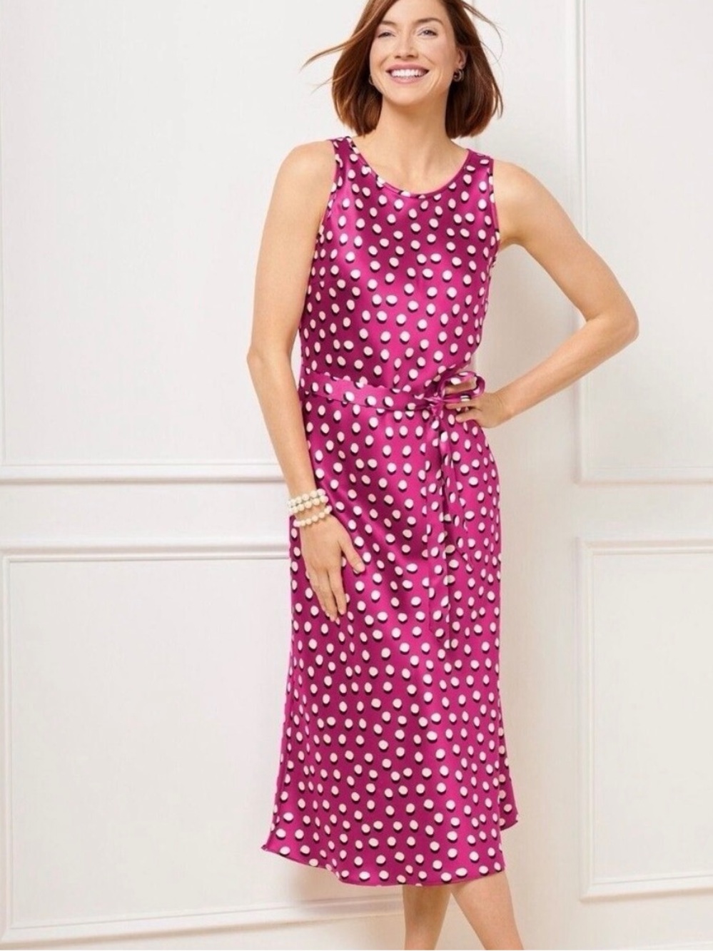 New Talbots Scattered Polka Dot Purple Sleeveless Sheath Satin Midi Dress 14